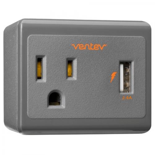 Ventev Wall Charging Hub 200- 1 AC Outlet, 1 USB Port (2.4A Total)