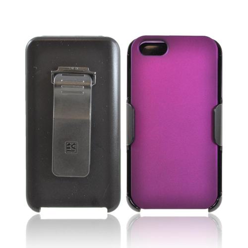 Apple iPhone 5/5S Rubberized Hard Case w/ Holster Swivel Belt Clip & Screen Protector - Purple/ Black