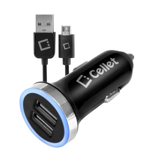 Cellet Black High Power 2.4A Dual USB Port Car Charger with Micro USB Cable