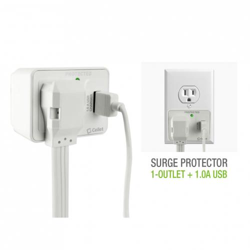 Cellet 1 Outlet + 1.0A USB Port Surge Protector Travel Charger