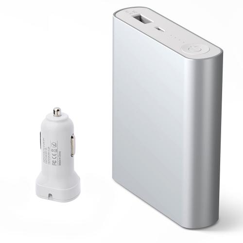P100c 10400 mAh Power Bank External Battery Charger w/ Dual USB Car Charger - Silver- XX001