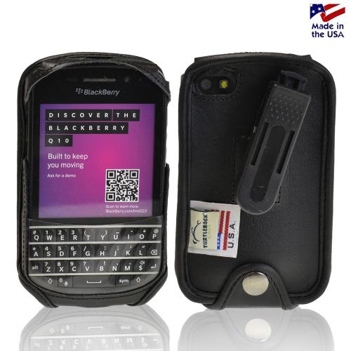 Black Turtleback Genuine Leather Pouch w/ Plastic Swivel Belt Clip for Blackberry Q10