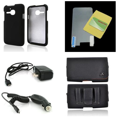 Essential Starter Bundle Package w/ Black Rubberized Hard Case, Screen Protector, Leather Pouch, Car & Travel Charger for Alcatel One Touch Evolve