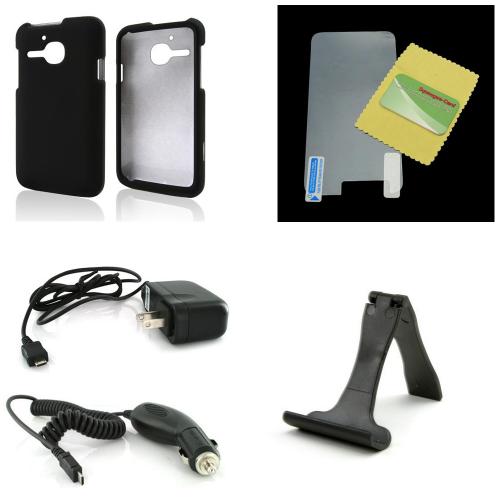 Essential Starter Bundle Package w/ Black Rubberized Hard Case, Screen Protector, Portable Stand, Car & Travel Charger for Alcatel One Touch Evolve