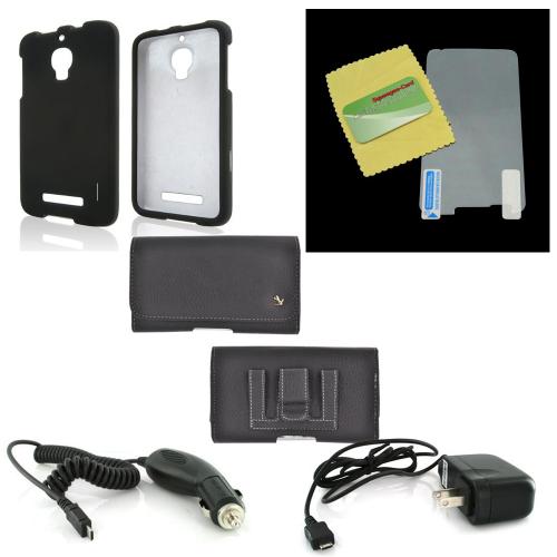 Essential Starter Bundle Package w/ Black Rubberized Hard Case, Screen Protector, Leather Pouch, Car & Travel Charger for Alcatel One Touch Fierce