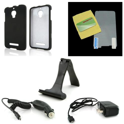 Essential Starter Bundle Package w/ Black Rubberized Hard Case, Screen Protector, Portable Stand, Car & Travel Charger for Alcatel One Touch Fierce