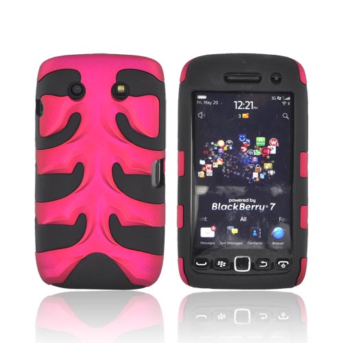 Original Nex Blackberry Torch 9860 9850 Rubberized Hard Fishbone on Silicone Case w/ Screen Protector, BB9570FB05 - Rose Pink/ Black