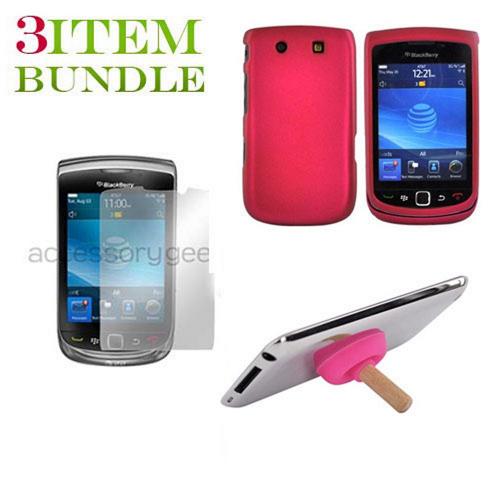 Blackberry Torch Bundle Package - Rubberized Rose Pink Hard Case, Pink Suction Plunger Stand & Mirror Screen Protector - (Geeky in pink Combo)