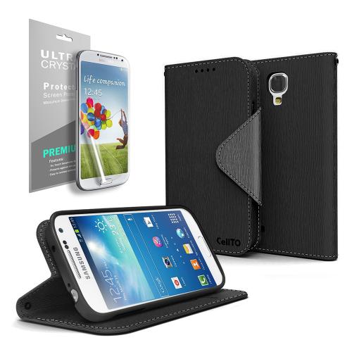 Black Faux Leather Diary Flip Stand Case w/ ID Slots, Bill Fold & Magnetic Closure + Free Screen Protector for Samsung Galaxy S4 Mini