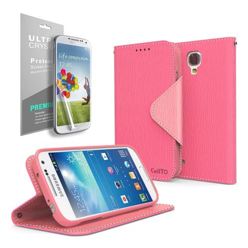 Hot Pink/ Pink Faux Leather Diary Flip Stand Case w/ ID Slots, Bill Fold & Magnetic Closure for Samsung Galaxy S4 Mini Case