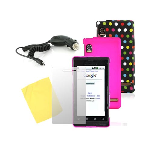 Motorola Droid A855 Essential Pink Hard Case, Polk Dot Rubber Hard Case, Screen Protector, and Car Charger Bundle Package
