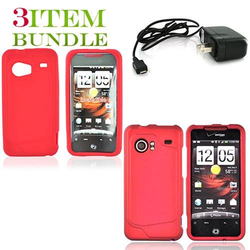 HTC Droid Incredible Bundle Package - Red Hard Case, Silicone Case & Travel Charger - (Essential Combo)