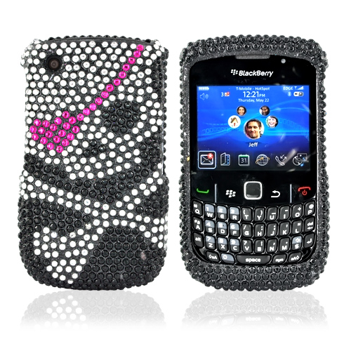 Blackberry Curve 3G 9330, 9300, 8520, 8530 Bling Hard Case - Silver Skull With Hot Pink Eye Patch on Black Gems