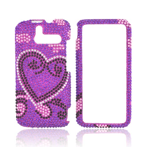 HTC Arrive Bling Hard Case - Silver/ Black Heart on Purple Gems
