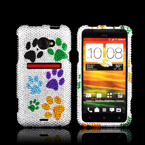 HTC EVO 4G LTE Bling Hard Case - Colorful Paw Prints on Silver Gems