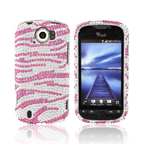 HTC Mytouch 4G Slide Bling Hard Case - Pink Zebra on Silver Gems