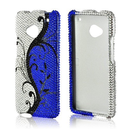 Black Vines on Silver/ Blue Gems Bling Hard Case for HTC One
