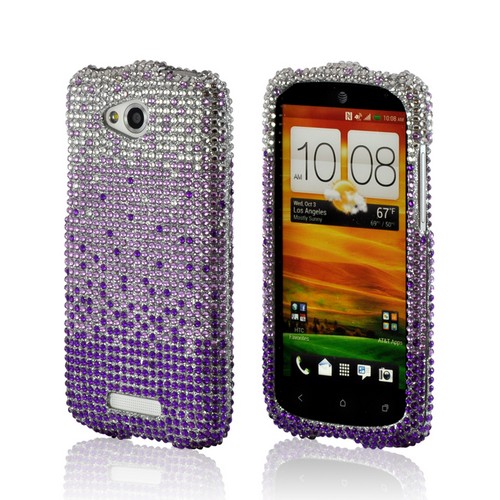 Purple/ Lavender Waterfall on Silver Gems Bling Hard Case for HTC One VX