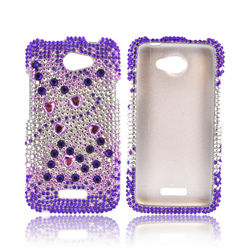 HTC One X Bling Hard Case - Purple Hearts on Purple/ Silver Gems