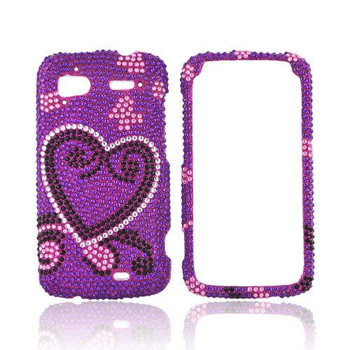 HTC Sensation 4G Bling Hard Case - Silver/ Black Heart on Purple Gems