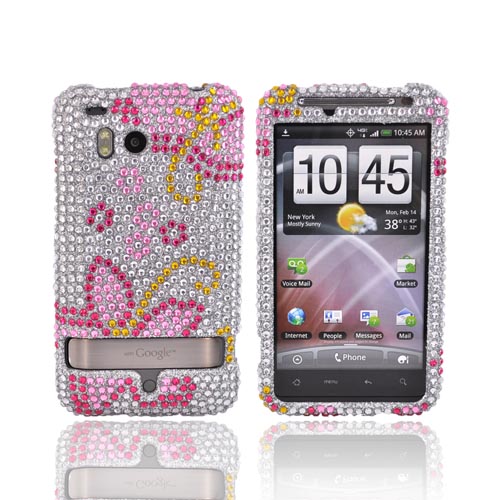 HTC Thunderbolt Bling Hard Case - Pink Flowers on Silver