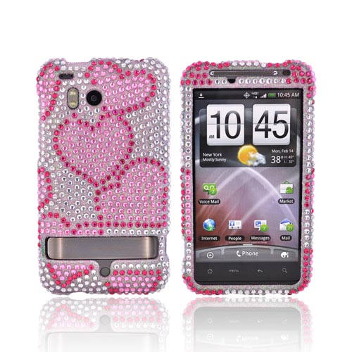 HTC Thunderbolt Bling Hard Case - Pink Hearts on Silver
