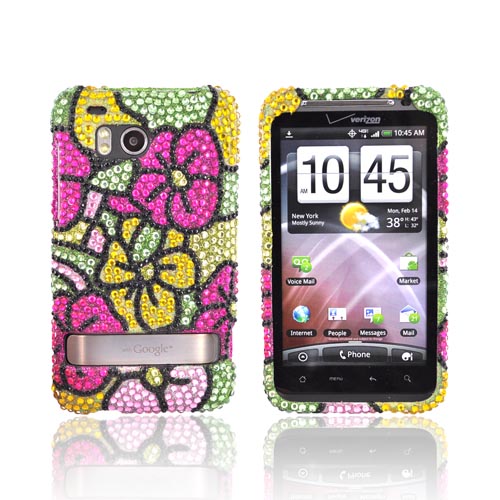 HTC Thunderbolt Bling Hard Case - Green/Pink/Yellow Hawaii Flowers