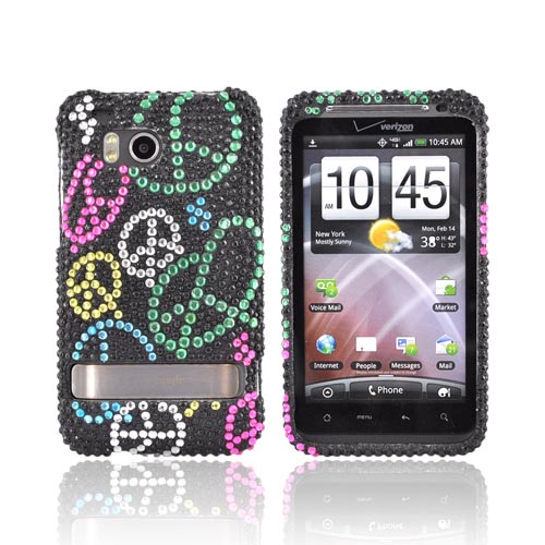 HTC Thunderbolt Bling Hard Case - Rainbow Peace Signs on Black