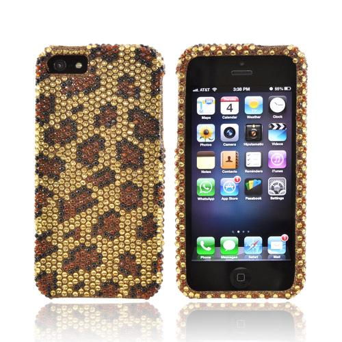 Apple iPhone 5/5S Bling Hard Case - Brown Leopard on Gold Gems