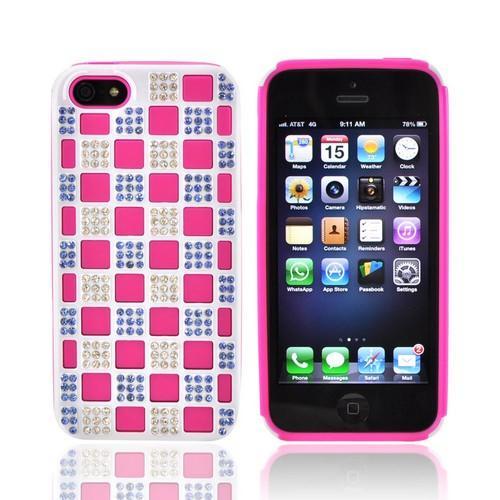 Apple iPhone 5/5S Bling Hard Cover Over Silicone Case - Hot Pink/Blue/Silver Checkered Design
