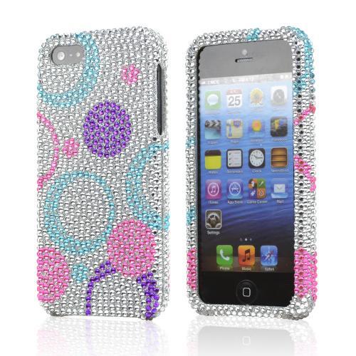 Apple iPhone 5/5S Bling Hard Case - Purple/Blue/Pink Circles on Silver - XXIP5