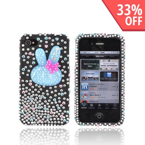 Premium Apple AT&T/ Verizon iPhone 4 Bling Hard Case - Blue Bunny w/ Silver, Blue & Pink Heart Gems on Black