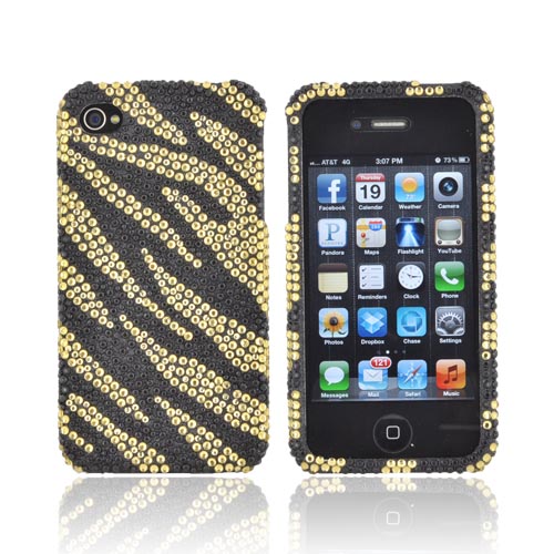 AT&T/ Verizon Apple iPhone 4, iPhone 4S Bling Hard Case - Gold/ Black Zebra