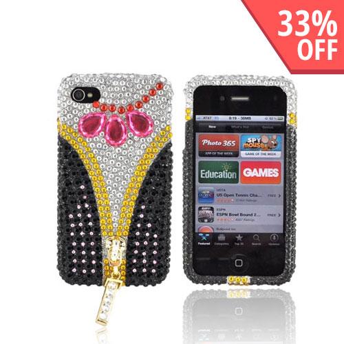 Premium Apple AT&T/ Verizon iPhone 4 Bling Hard Case - Black/ Pink/ Silver & Gold Gems w/ Gold Zipper