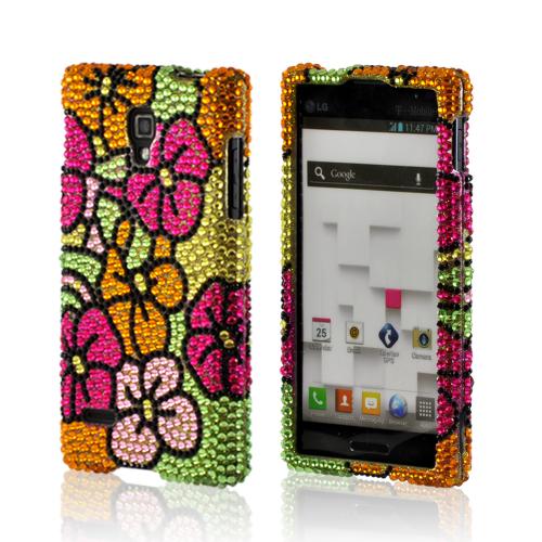 Green/ Hot Pink/ Yellow Hawaiian Flowers Bling Hard Case for LG Optimus L9