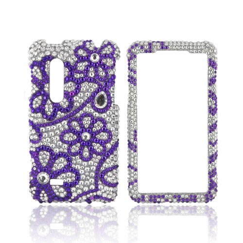 LG Thrill 4G Bling Hard Case - Purple Lace Flowers on Silver Gems