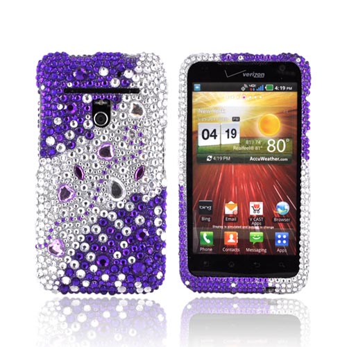 LG Revolution, LG Esteem Bling Hard Case - Purple/ Silver Hearts & Gems