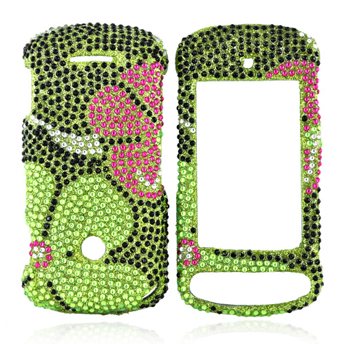 Motorola Crush W835 Bling Hard Case - Raised Pink Flower on Green Gems