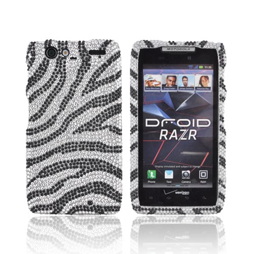 Motorola Droid RAZR Bling Hard Case - Black Zebra on Silver Gems