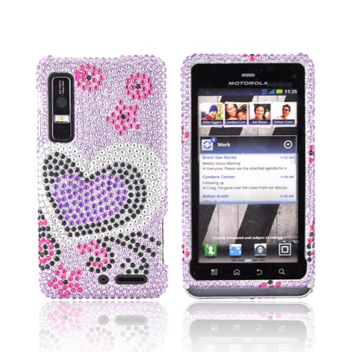 Motorola Droid 3 Bling Hard Case - Purple/ Black Heart on Light Purple Gems