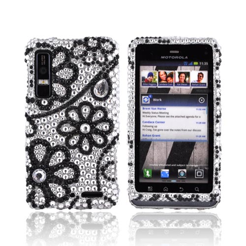 Motorola Droid 3 Bling Hard Case - Black Lace Flowers on Silver Gems