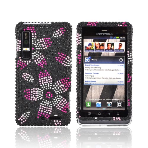 Motorola Droid 3 Bling Hard Case - Hot Pink/ Baby Pink/ White Flowers on Black Gems