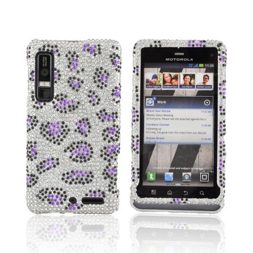 Motorola Droid 3 Bling Hard Case - Purple/ Black Leopard on Silver Gems