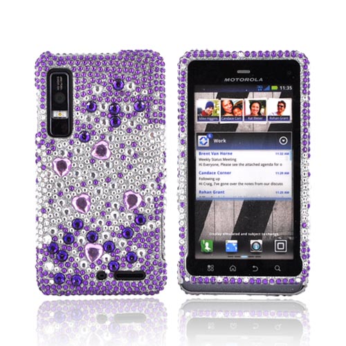 Motorola Droid 3 Bling Hard Case - Purple Hearts on Purple/ Silver Gems