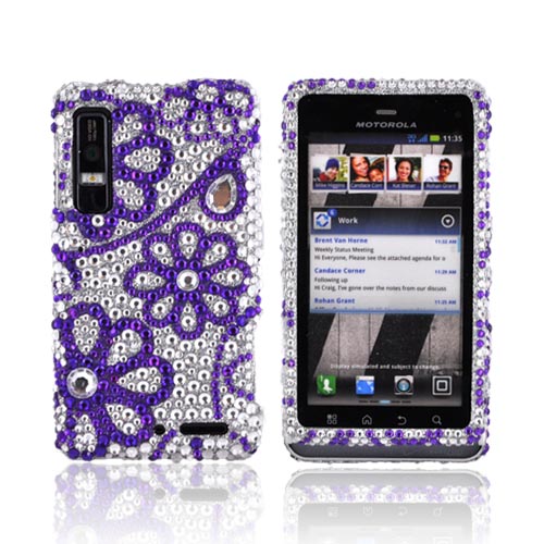 Motorola Droid 3 Bling Hard Case - Purple Lace Flowers on Silver Gems