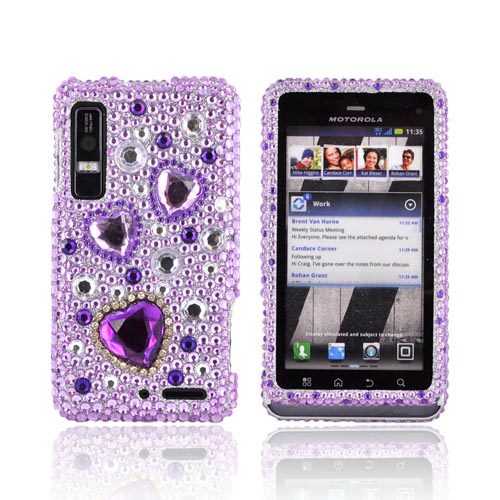 Motorola Droid 3 Bling Hard Case - Purple Hearts on Light Purple/ Silver Gems