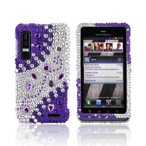Motorola Droid 3 Bling Hard Case - Purple/ Silver Hearts & Gems