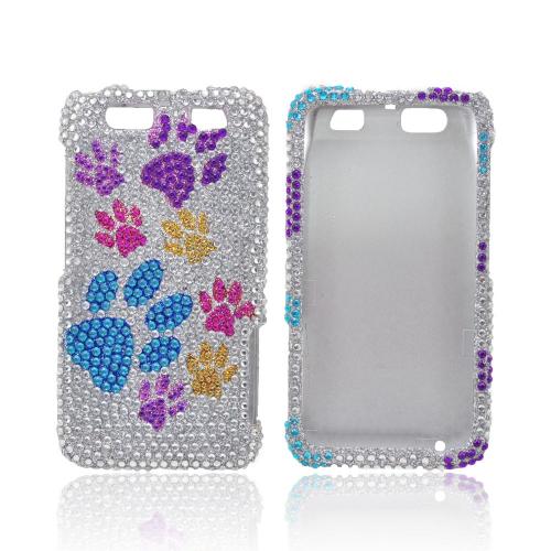 Motorola Atrix HD Bling Hard Case - Multi-Color Paw Prints on Silver Gems