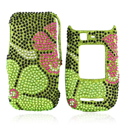Motorola Quantico W845 Bling Hard Case - Raised Pink Flower on Green Gems