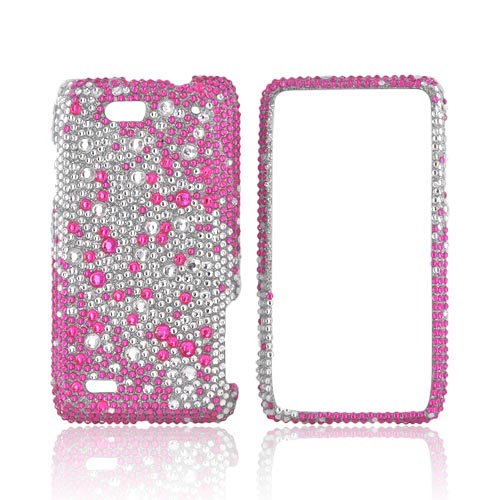 Motorola Droid 4 Bling Hard Case - Pink Splash on Silver Gems